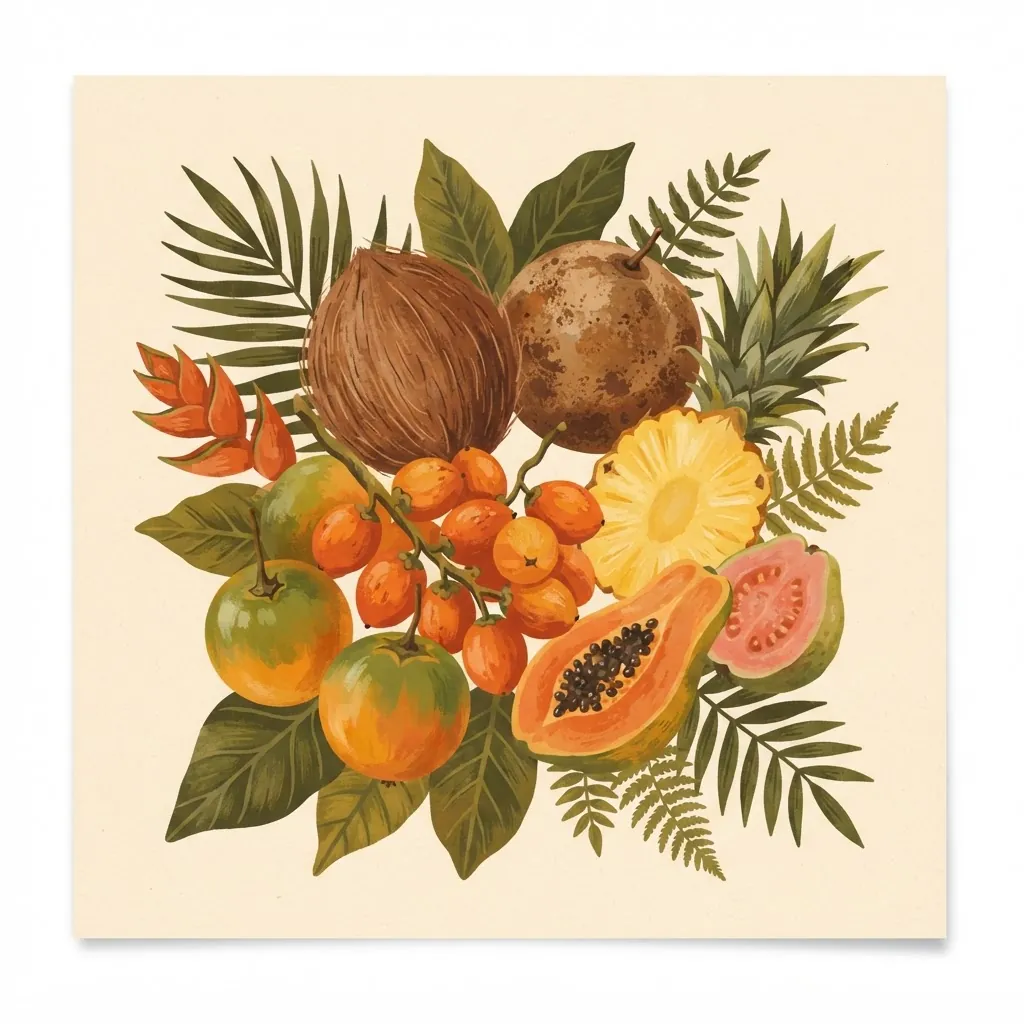 Ilustración de frutas del Chocó: coco, borojó, chontaduro, lulo y más