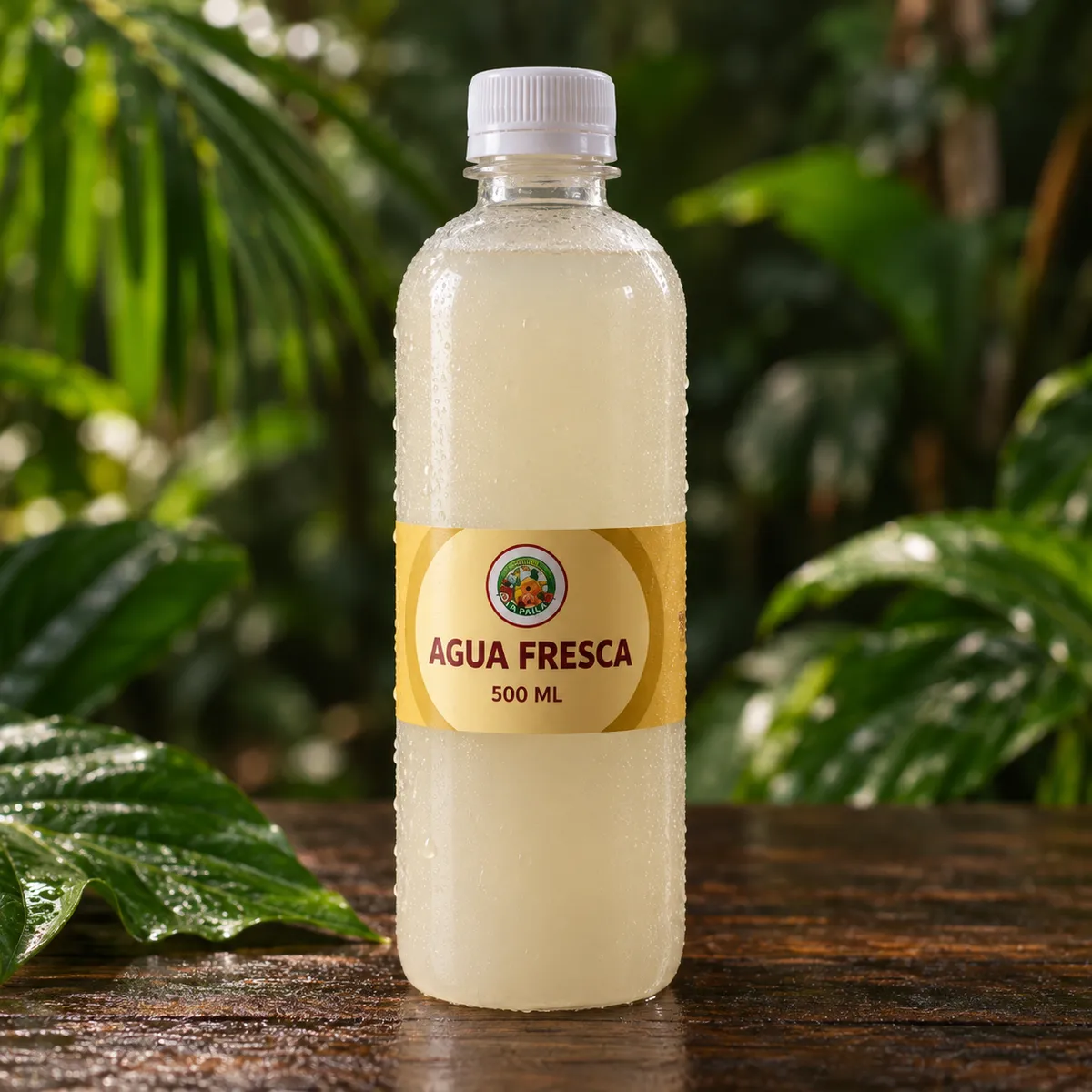Botella de agua fresca de frutas chocoanas La Paila sobre madera con selva tropical de fondo
