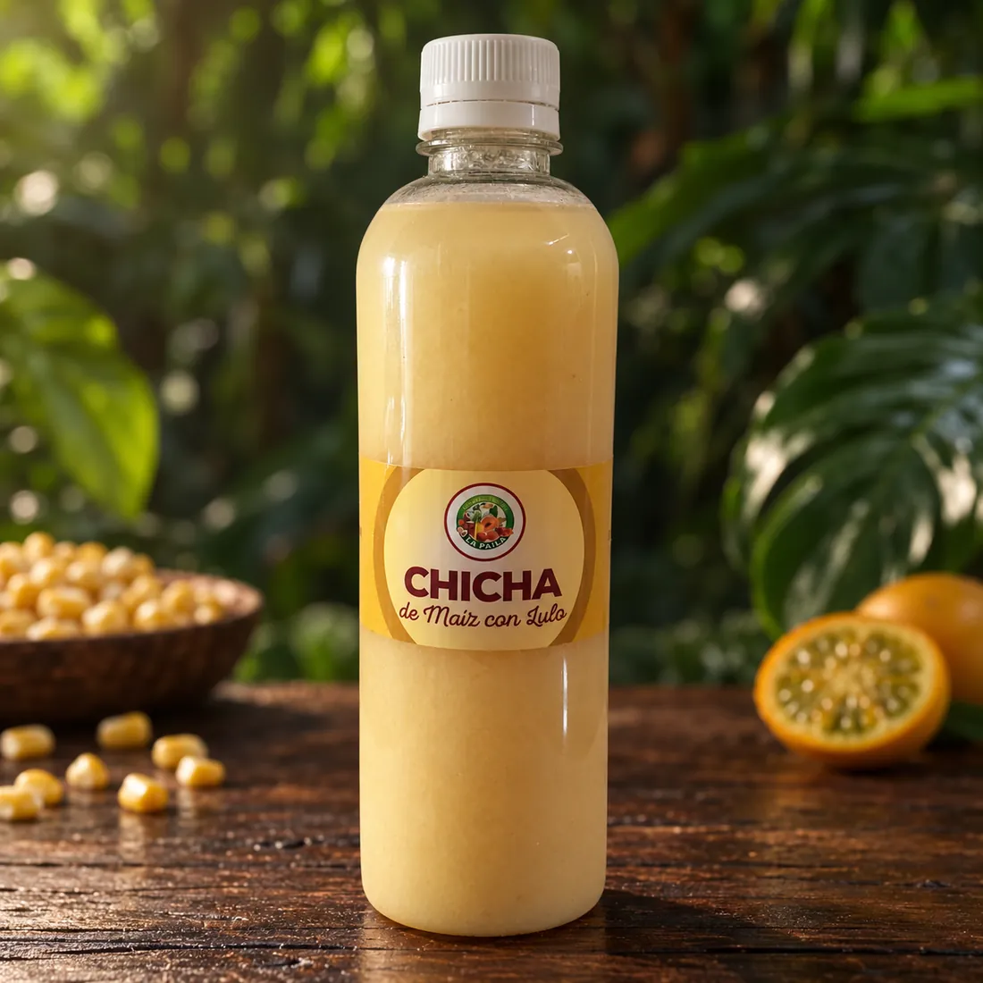 Botella de chicha de maíz con lulo La Paila junto a granos de maíz y lulo