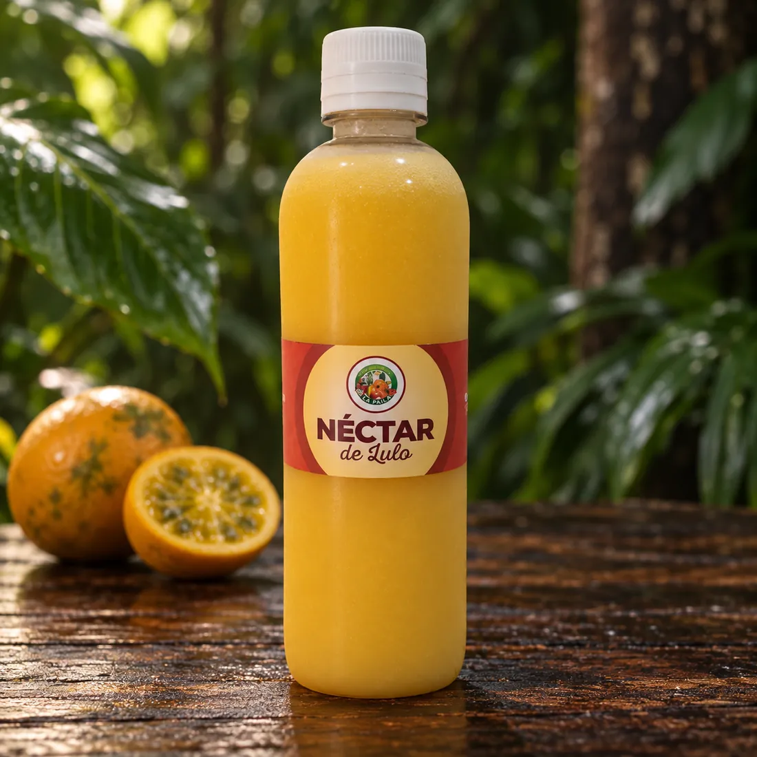 Botella de néctar de lulo La Paila sobre madera con selva tropical de fondo